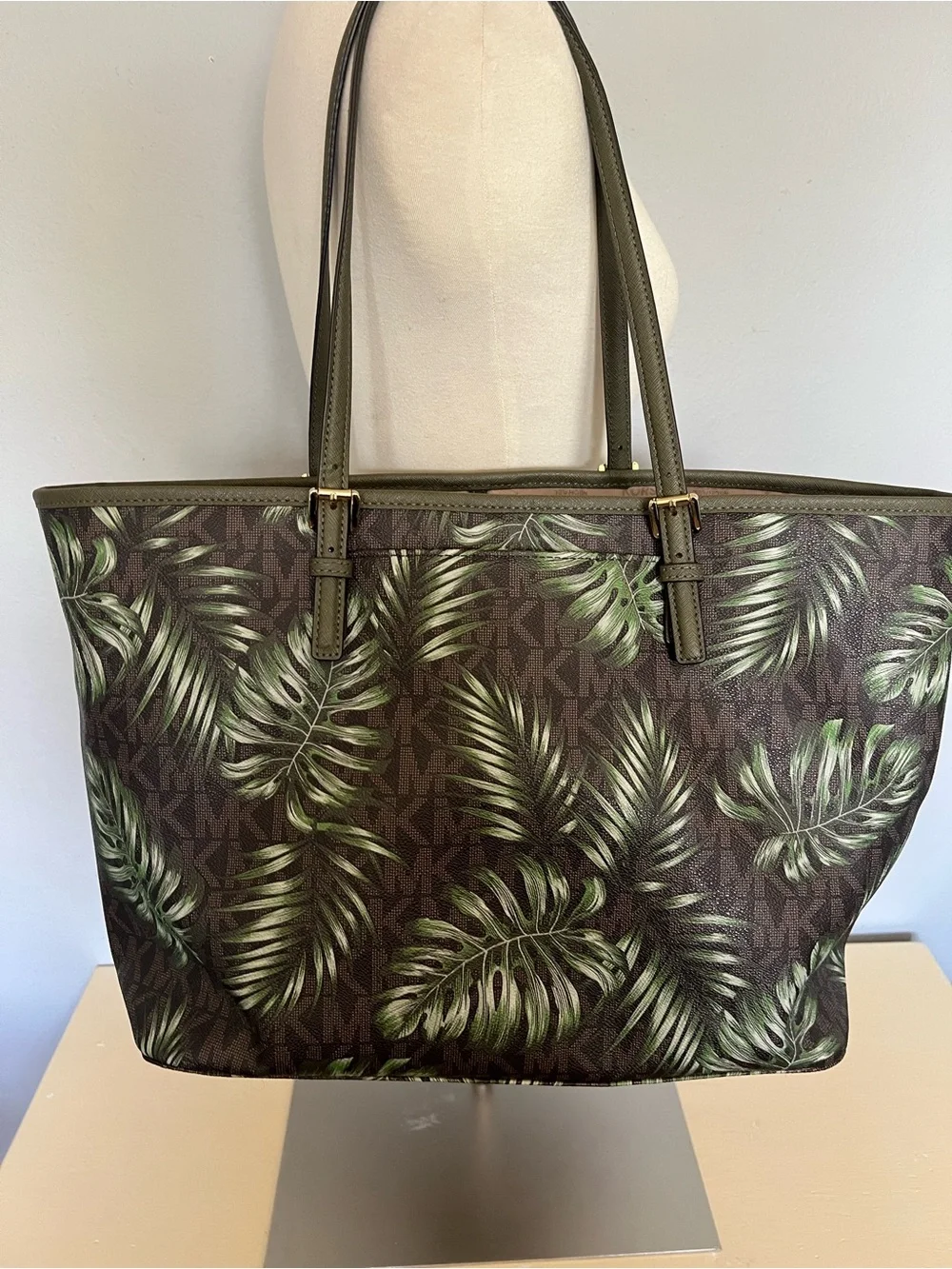 Michael Kors Green Palm-Print Tote with Gold Hardware